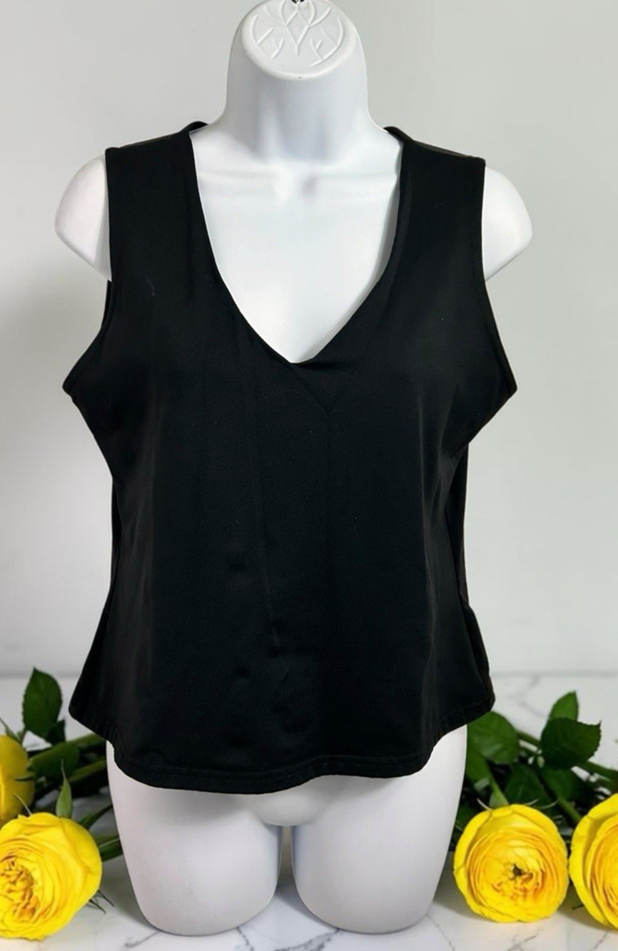 Linda Leal Black Cami V-Neck Top Sz Large Stretch Sleeveless Blouse Layering